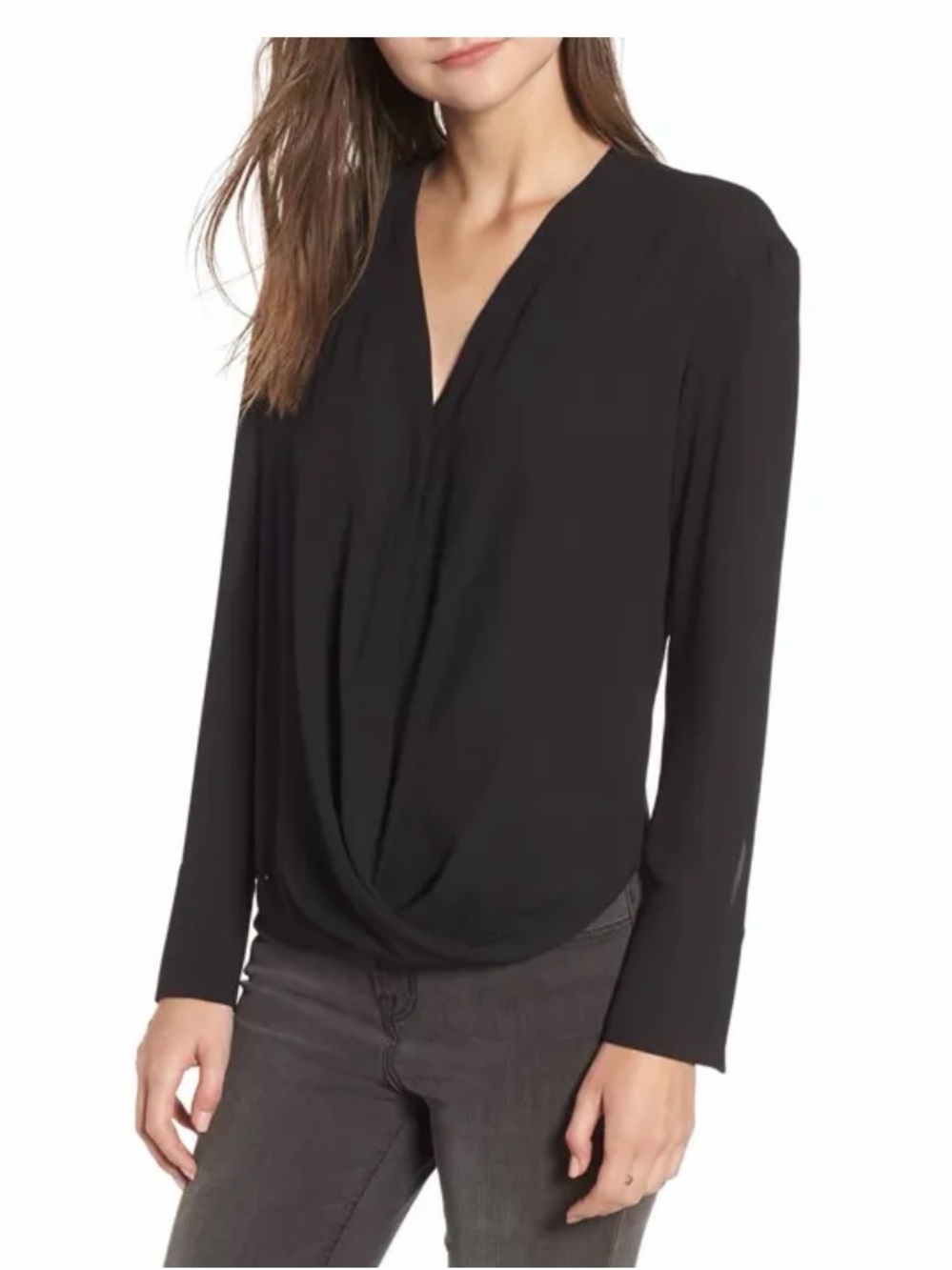 Chelsea28 Black Draped Twist Front V-Neck Blouse Bell Sleeve Top Size M